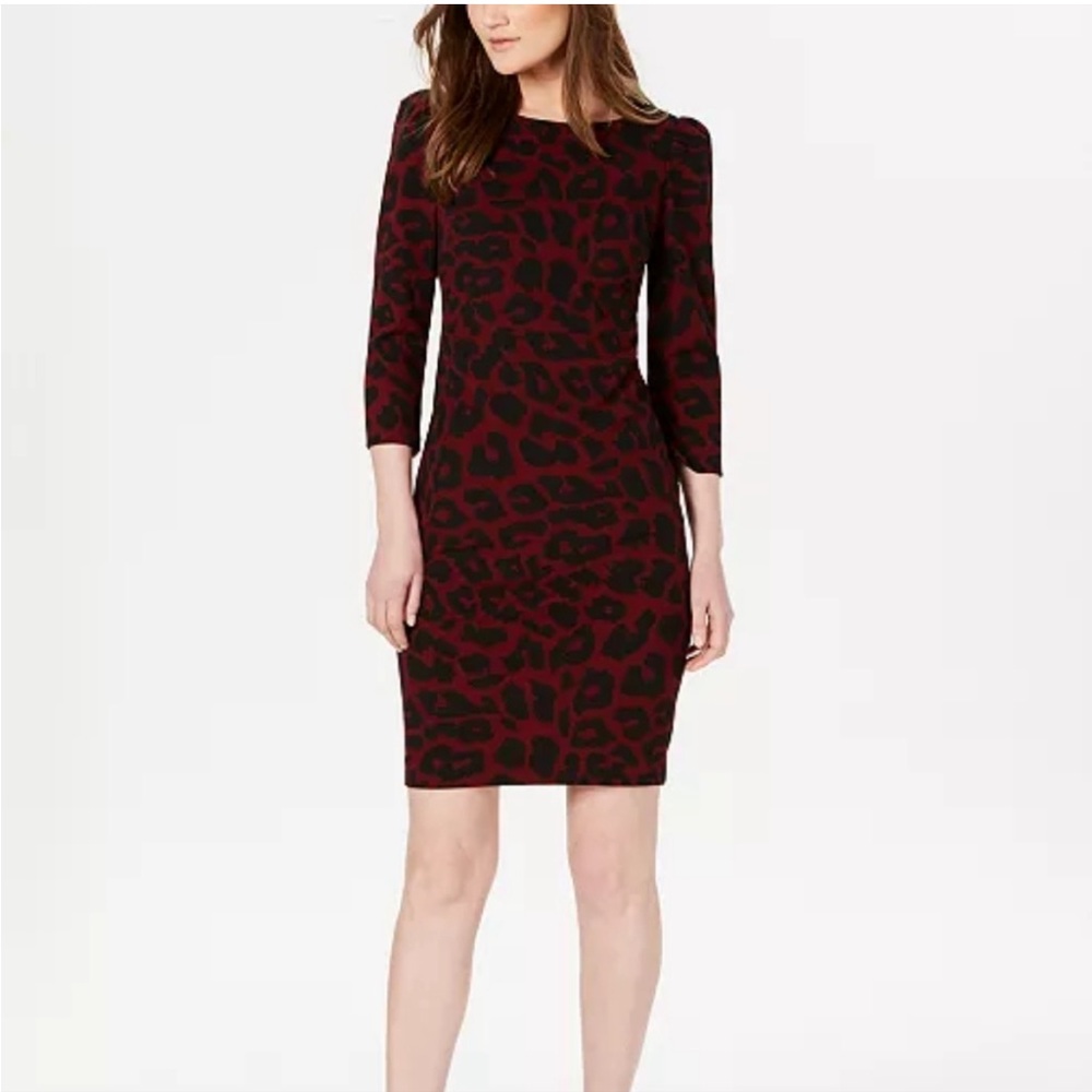 Calvin Klein Red and Black Animal Print Puff Sleeve Sheath Dress